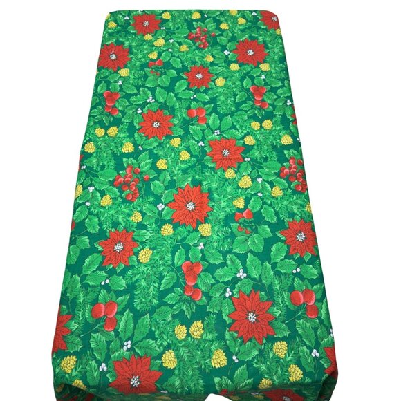 Vintage MCM Christmas Poinsettia Holly Fabric Tablecloth 70"x50" Rectangle - Picture 2 of 8